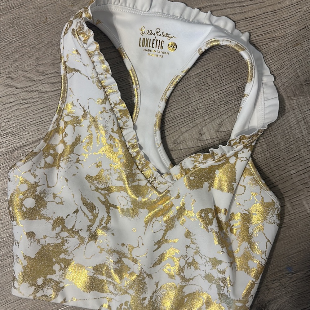Lilly Pulitzer Luxletic Metallic Gold and White Bra